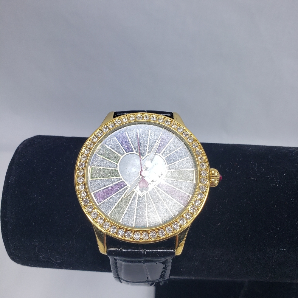 Betsey Johnson Rhinestone Sparkle Heart Multi-Color Watch- Leather Band